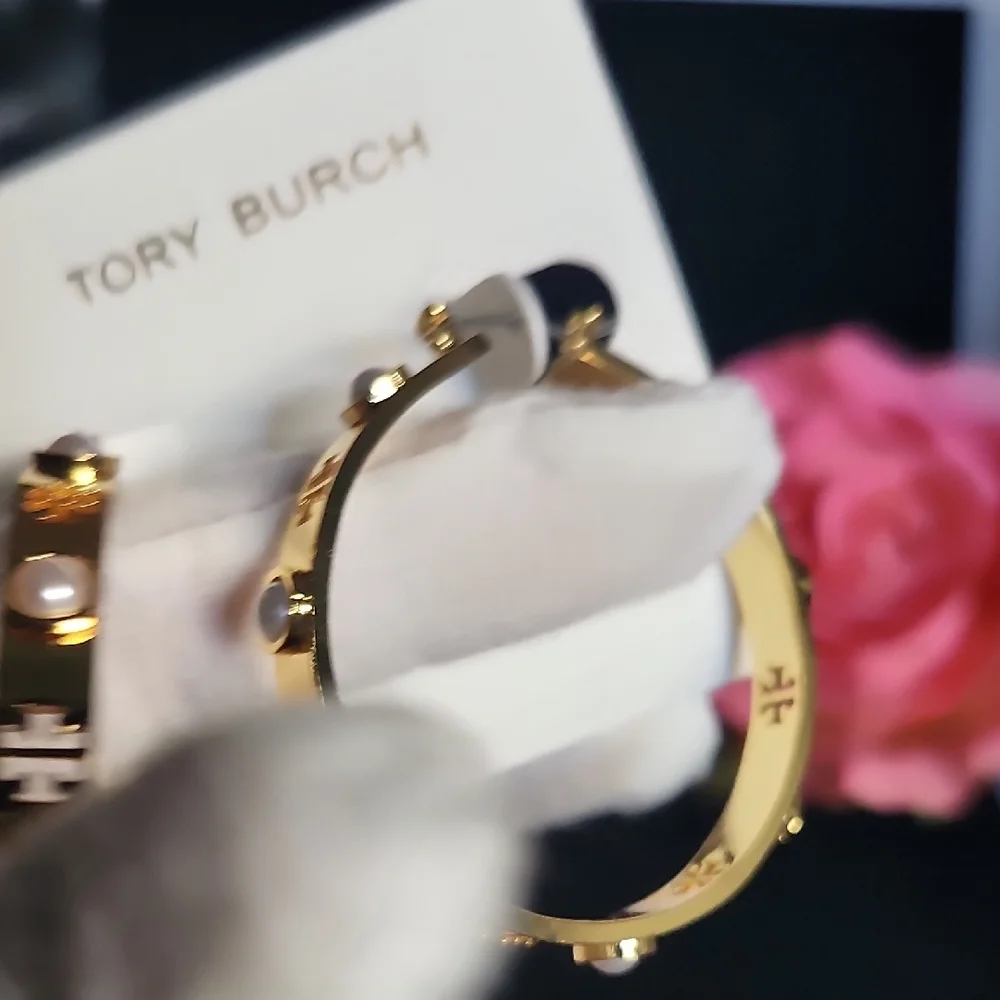 Tory Burch Gold Hoops with Pearl Accents - Picture 6 of 10